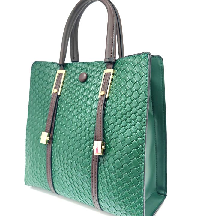 Woven Effect 3 Compartment Two-toned Tote Bag Front & Back for wholesale by Superbia