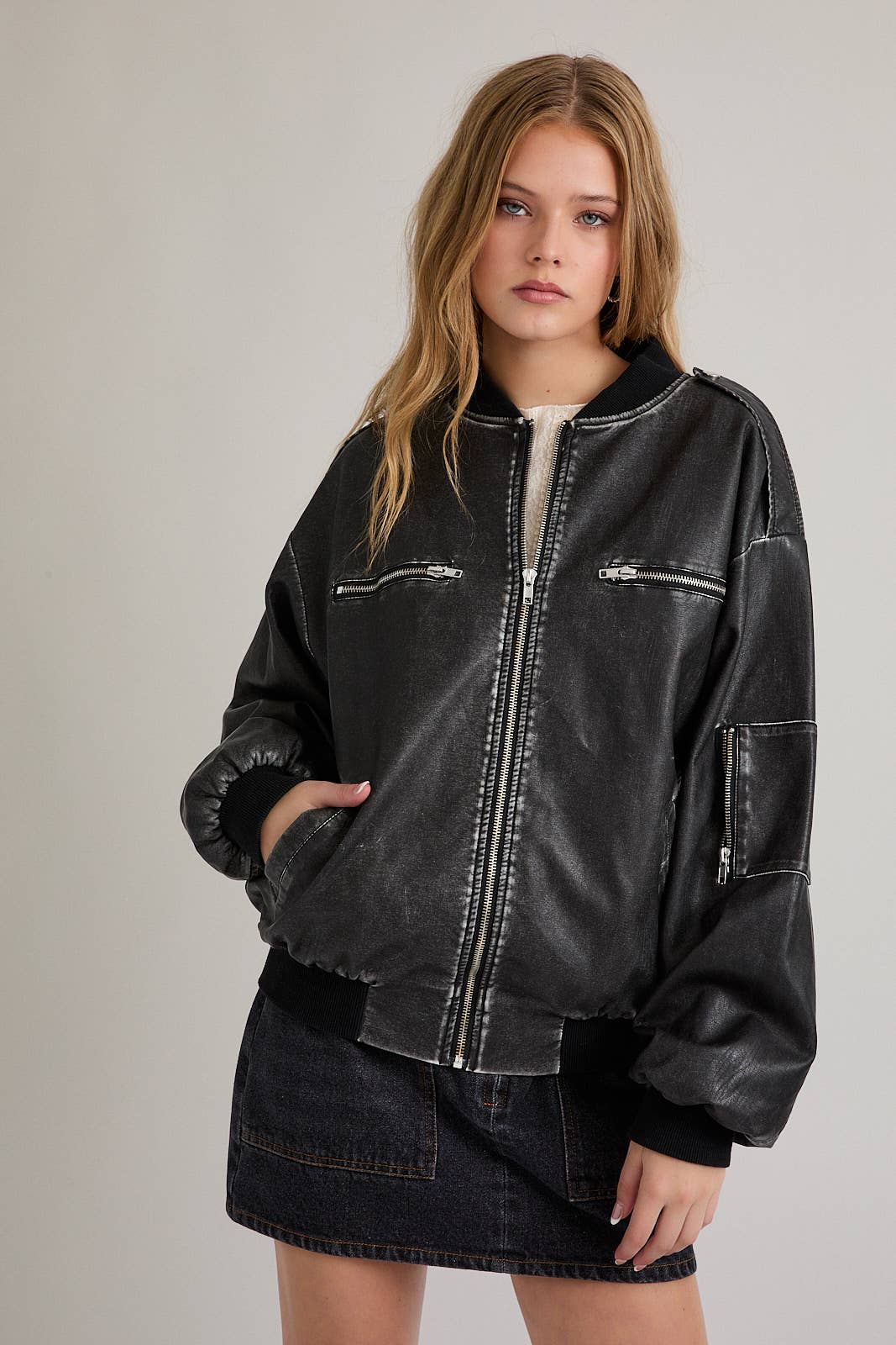 WASHED FAUX LEATHER BOMBER JACKET for wholesale on Faire5