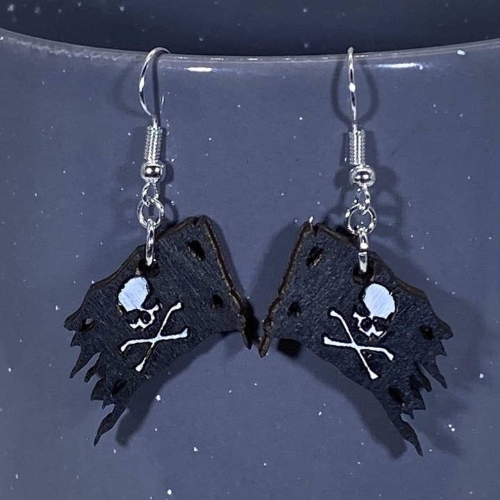 Jolly Roger Pirate Wooden Dangle Earrings for wholesale by Cates Concepts