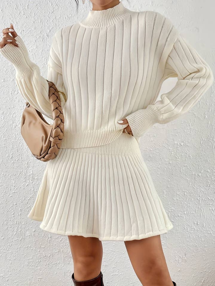 Milky Elegant Rib Knit Sweater Co-ords - Women's Long Sleeve Mock Neck Drop Shoulder Sweater & High Waist A-line Skirt Outfits with Solid Knitted Fabric, Comfortable Fit, and Chic Style for wholesale on Faire