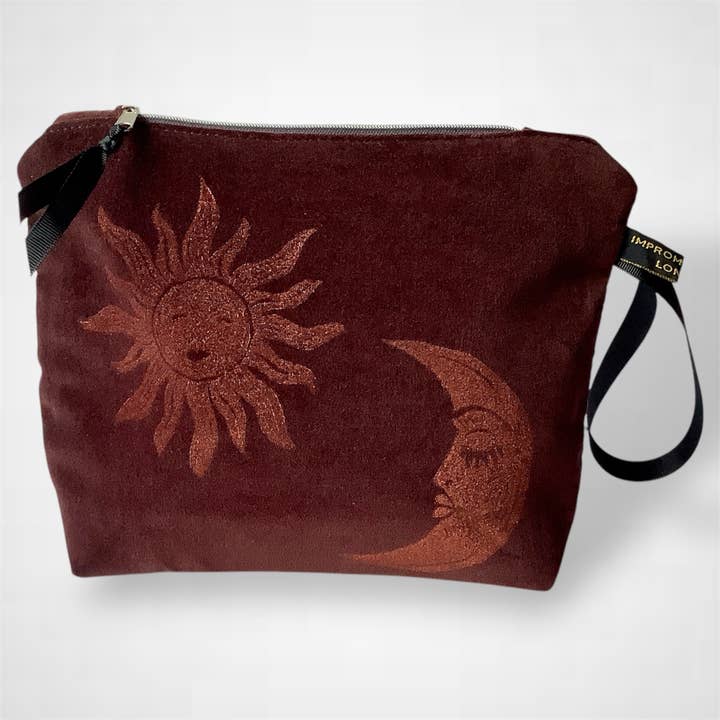 Chocolate Brown velvet large Sun and Moon makeup bag for wholesale by Raina Atelier