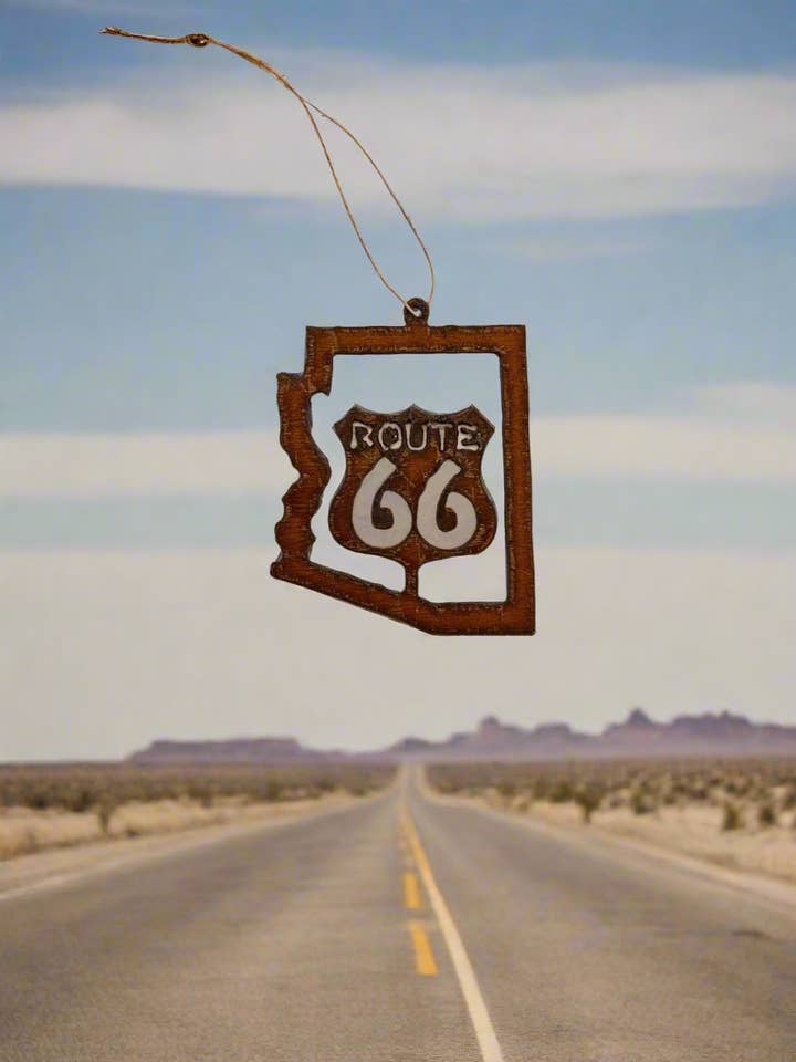 Arizona Outline Ornament with Route 66 Cutout Inside for wholesale by Universal Ironworks USA