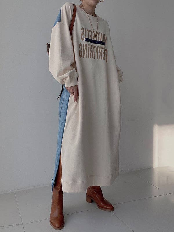 StyleGalX - Vente Robe – femme - Robes midi amples originales à manches longues et à col rond et imprimé de lettres1