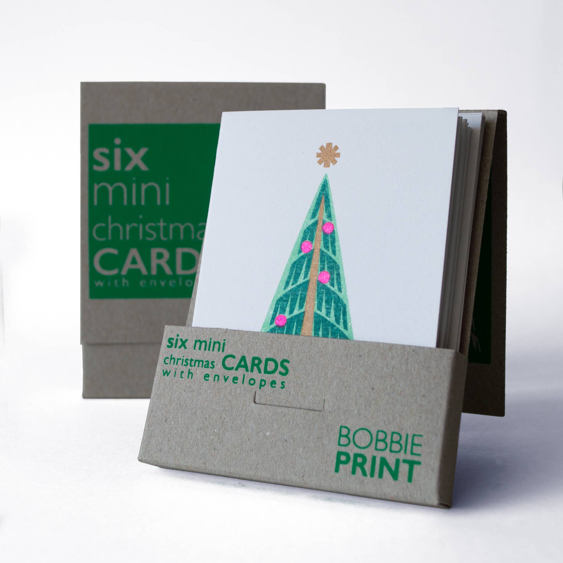 Bobbie Print – wholesale Christmas card – Boxed Set of 6 Mini Risograph Printed Christmas Cards Green1