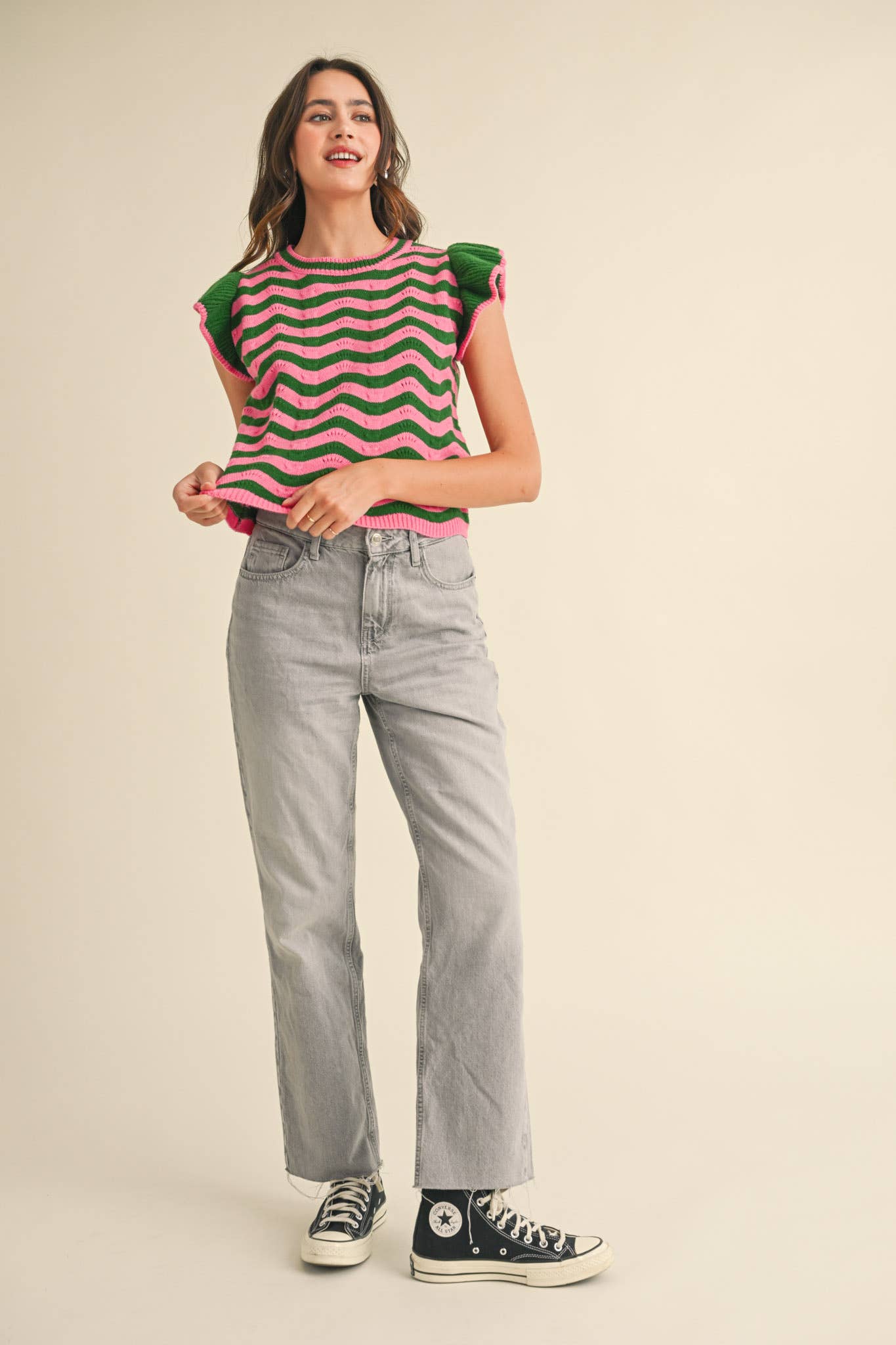 &MERCI - Wholesale Knit Sweater - Women's - WAVY STRIPES FLUTTER SLEEVE SWEATER TOP MSW1050942