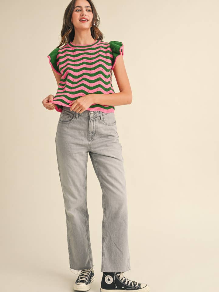 &MERCI - Wholesale Knit Sweater - Women's - WAVY STRIPES FLUTTER SLEEVE SWEATER TOP MSW1050942