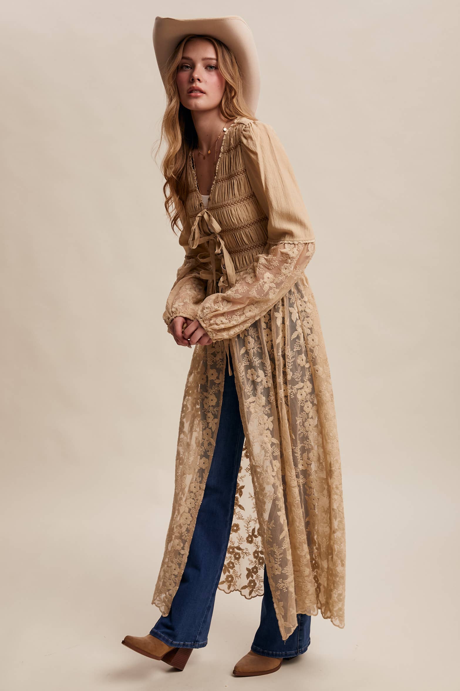 Listicle - Wholesale Kimono - Women's - Lace-Up Embroidered Maxi Kimono LJ02617