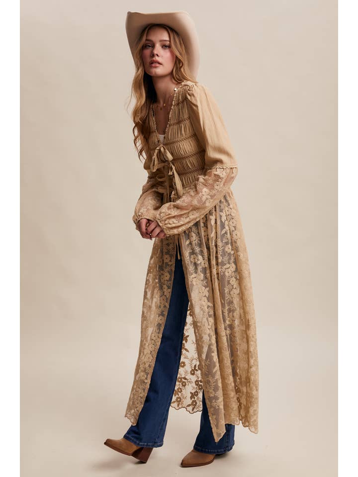 Listicle - Wholesale Kimono - Women's - Lace-Up Embroidered Maxi Kimono LJ02617