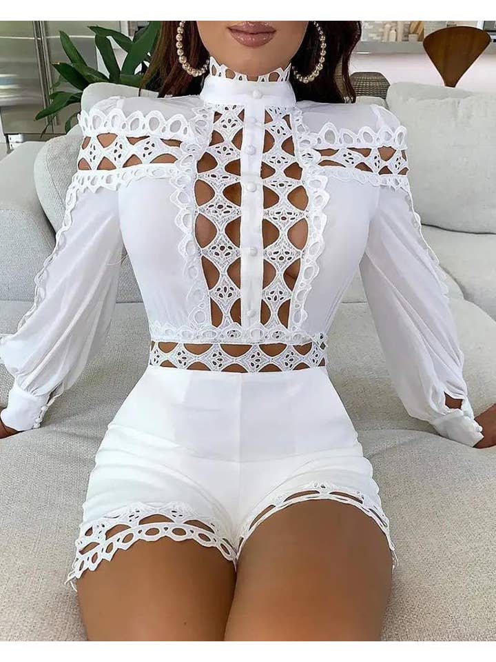 Queen Fashion – wholesale Jumpsuit - Dam – utskuren guipure spetsficka med lyktärmad tröja2