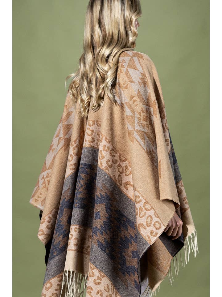 Urbanista - Wholesale Poncho – Women's - Aztec Leopard Pattern Fringe Ruana 4