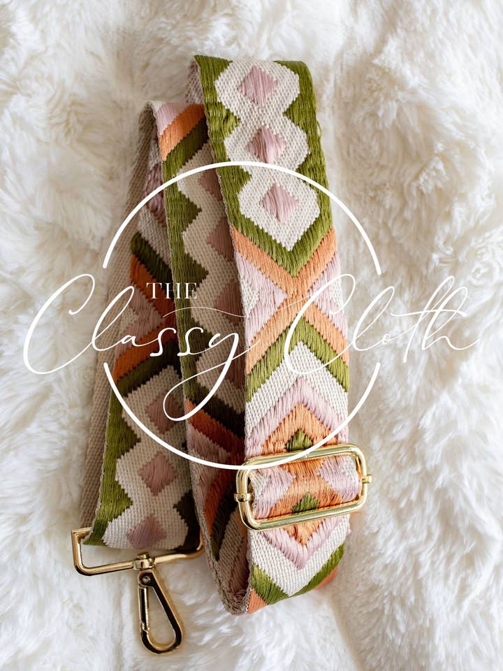 Crossbody Guitar Strap - Pastel Pinks Olive Geo RTS for wholesale by The Classy Cloth WS