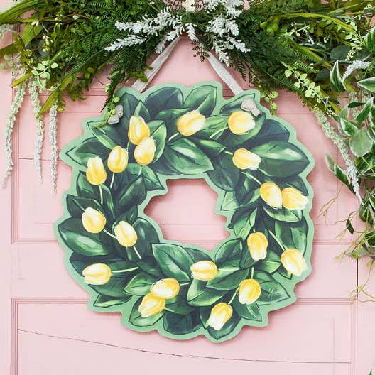 Magnolia and Yellow Tulip Wreath Door Hanger for wholesale by Songbird Grove Collection