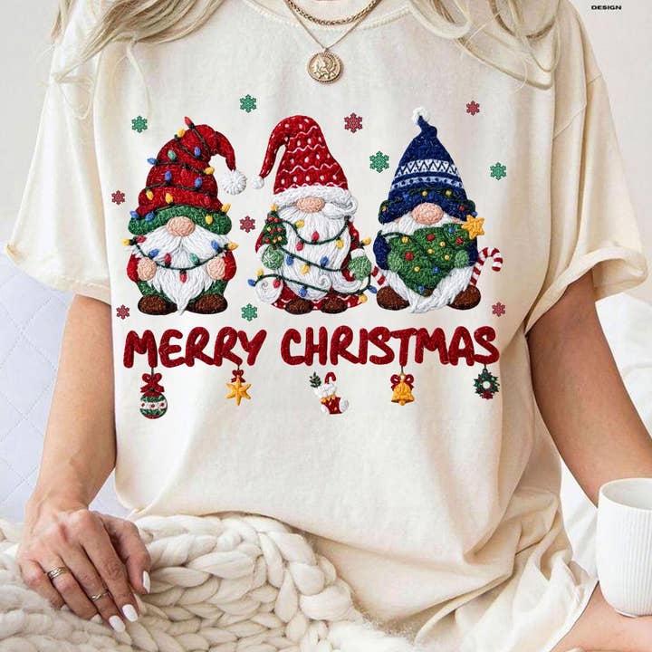 DLT Ecommerce - Wholesale T-Shirt (Graphic) - Women's - Trendy Crochet Yarn Gnomes Shirt, Faux Knitting Xmas Sweater1