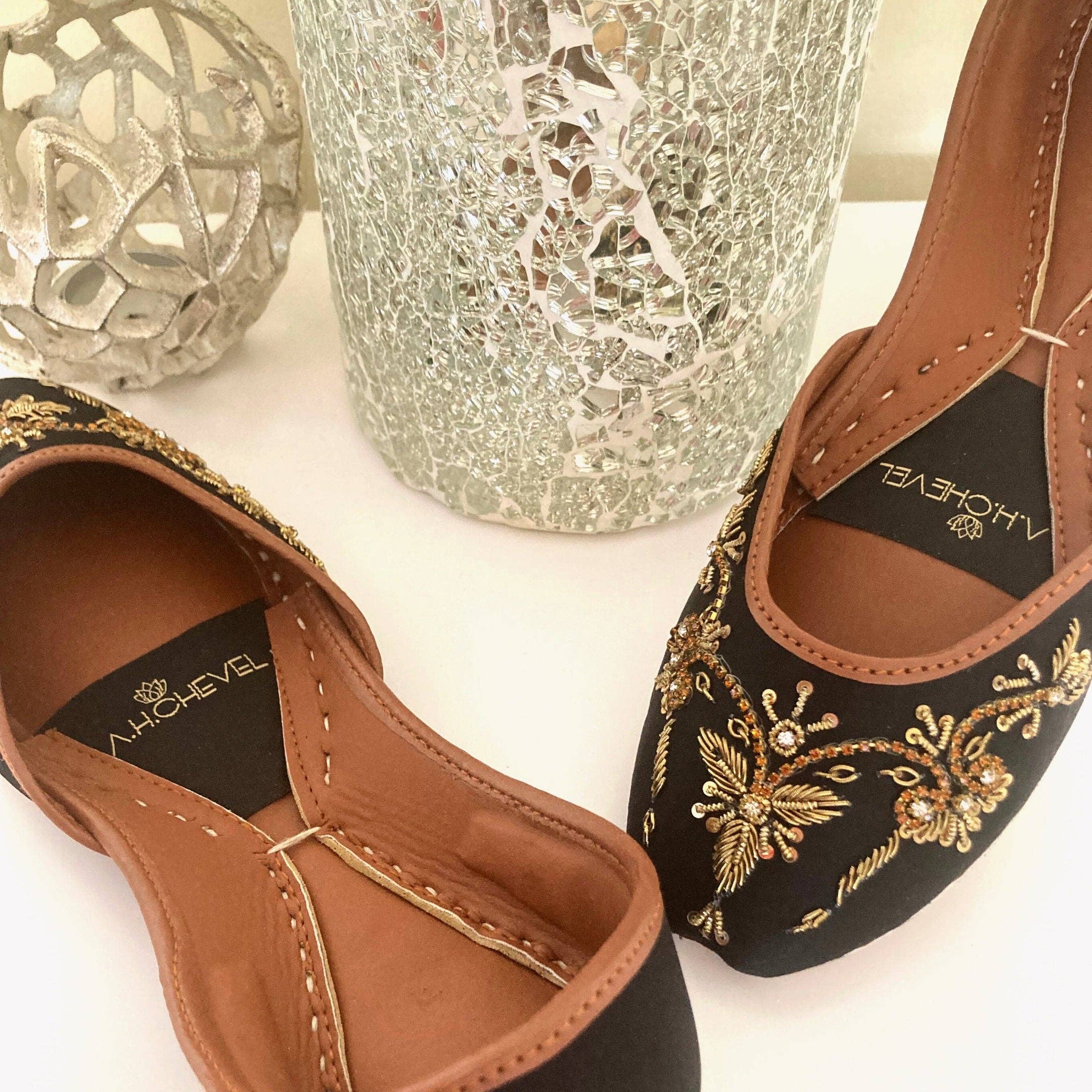 Winged Glory Golden Embellished Premium Black Wedding Khussa Flats with Low Heels for wholesale on Faire5