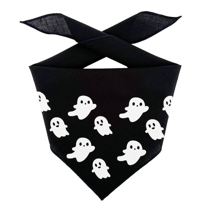 Ghost Dog Bandana | White Ghosts on Black Cotton for wholesale by Paisley Paw Designs