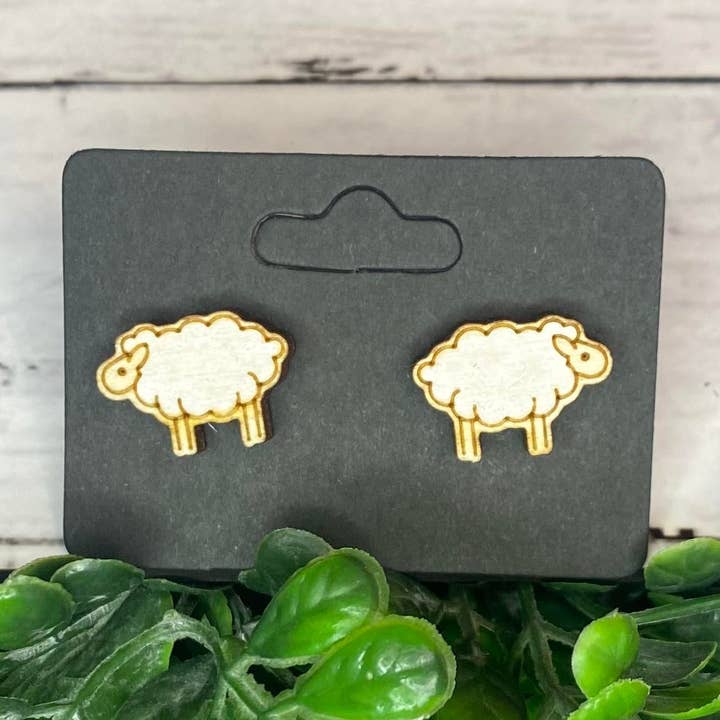 Sheep, Farm, Wood, Stud Earrings for wholesale by Traveling Sparrow