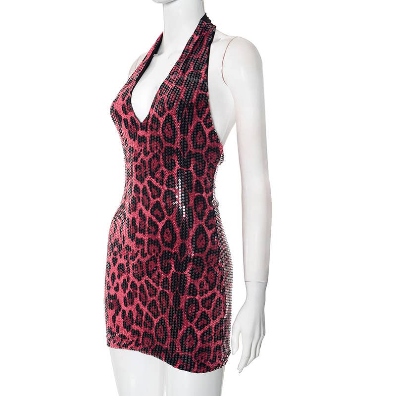 BELLISSIMA FASHION - Wholesale Dress - Women's - Leopard Print Halterneck Backless Bodycon Mini Dress(C)16