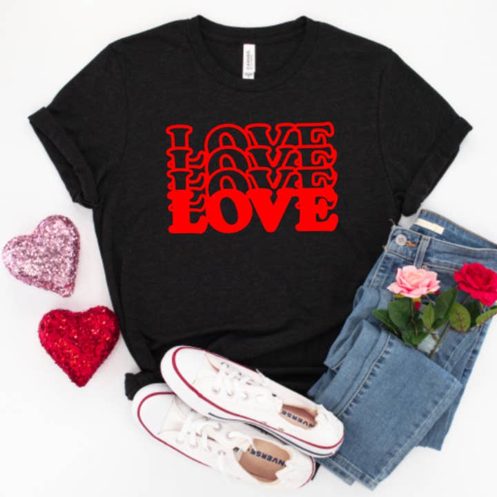 Love More Unisex Tee, Cute Valentines, black with red, 70's for wholesale by Nickel & Dyme Designs