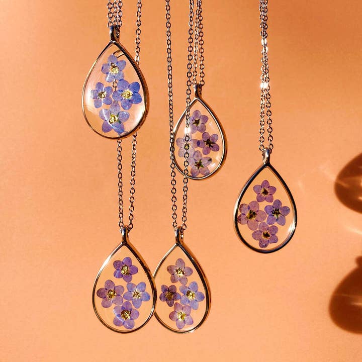 Real Pressed Flower Teardrop Pendant Necklace for wholesale by Lucent Studios Ltd