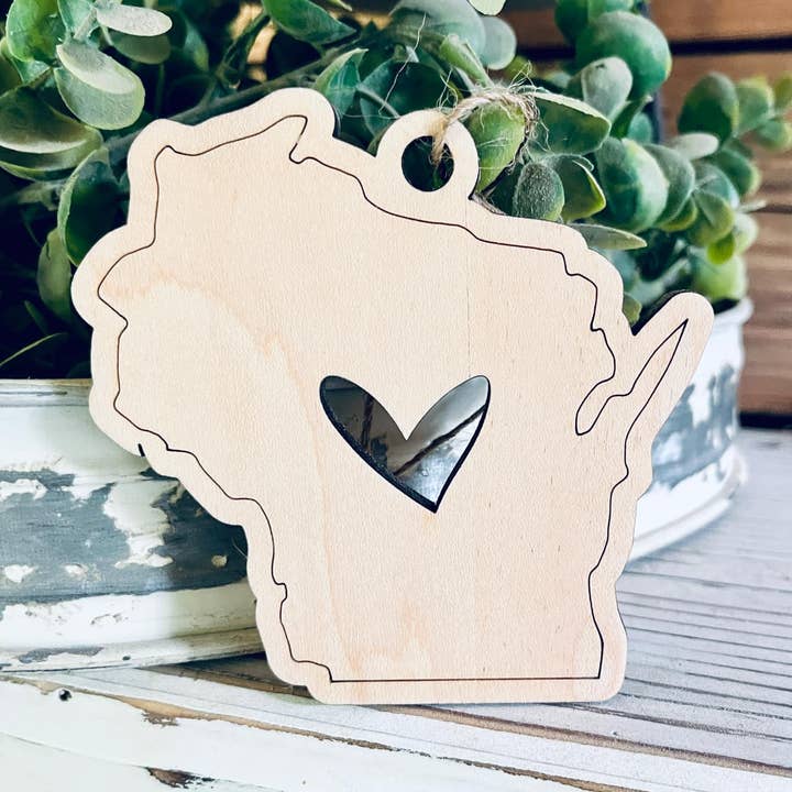Wisconsin Christmas Ornament | Wisconsin with Cutout Heart for wholesale by The Farmer's Wife