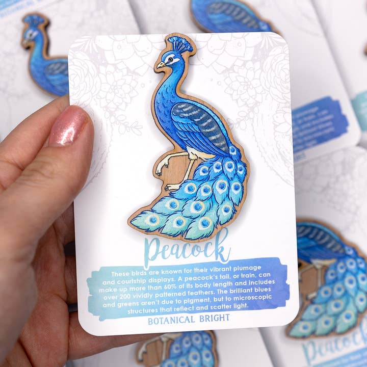 Peacock Wood Pin for wholesale by Botanical Bright