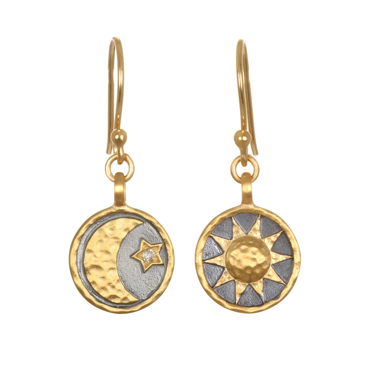 Satya Jewelry - Wholesale Dangle Earrings - White Topaz Gold & Gunmetal Celestial Sun Moon Star Earrings