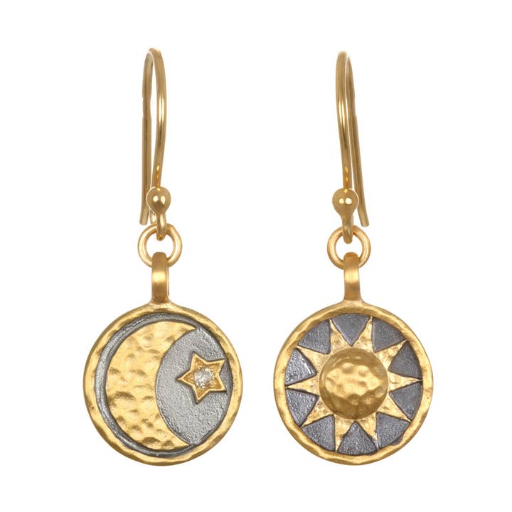 Satya Jewelry - Wholesale Dangle Earrings - White Topaz Gold & Gunmetal Celestial Sun Moon Star Earrings0