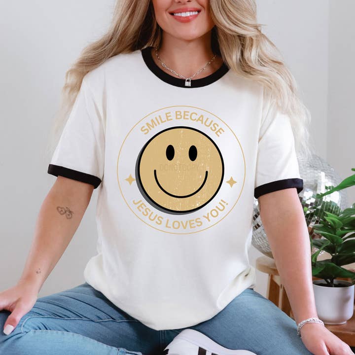 Smile Because Jesus Loves You Tan DTF Heat Transfer for wholesale by Trendy Transfers