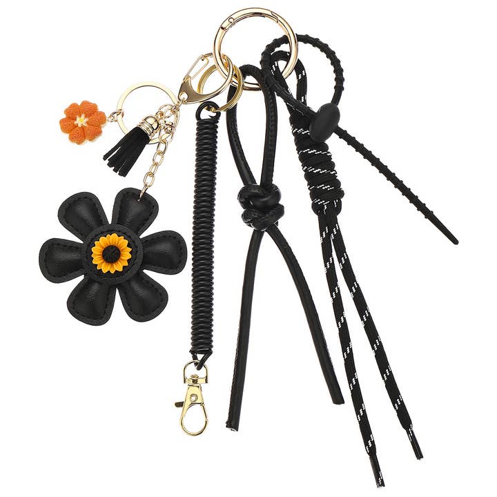 Ornaments-flower tassels phone cord hook black khaki for wholesale by Eagle Crest Industries Inc.