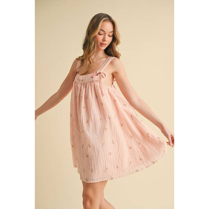 BABY PINK FLORAL EMBROIDERED TIE-SHOULDER SUNDRESS for wholesale on Faire