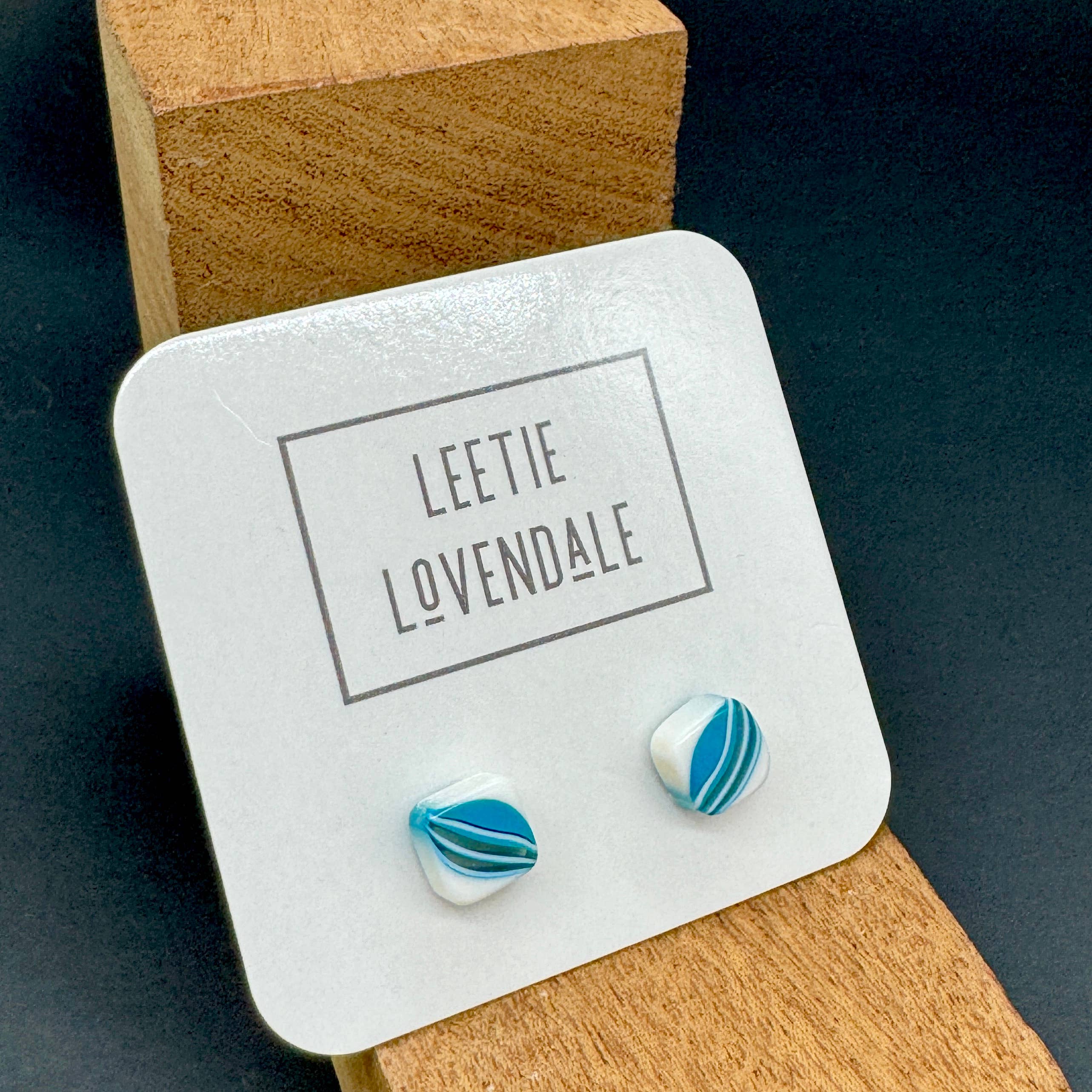 Leetie Lovendale - Wholesale Stud/Post Earrings - Aqua Blue & White Striped Square Cane Slice Stud Earrings3