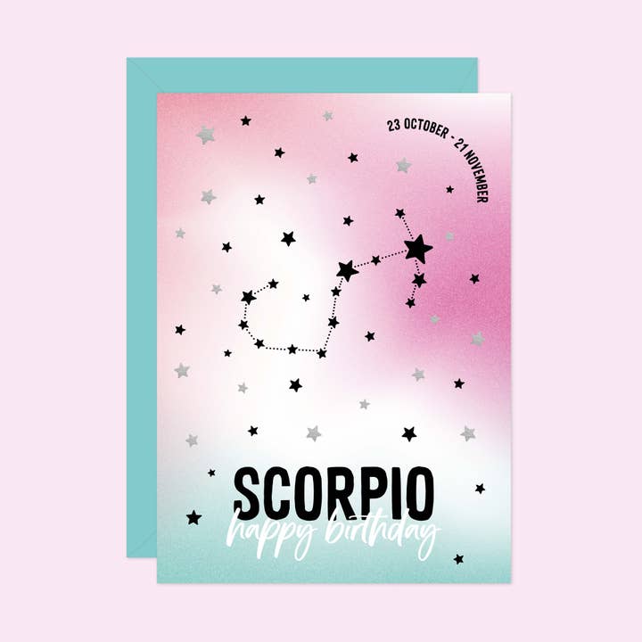 Scorpio zodiac star sign birthday card - Silver foil for wholesale by Purple Tree Designs