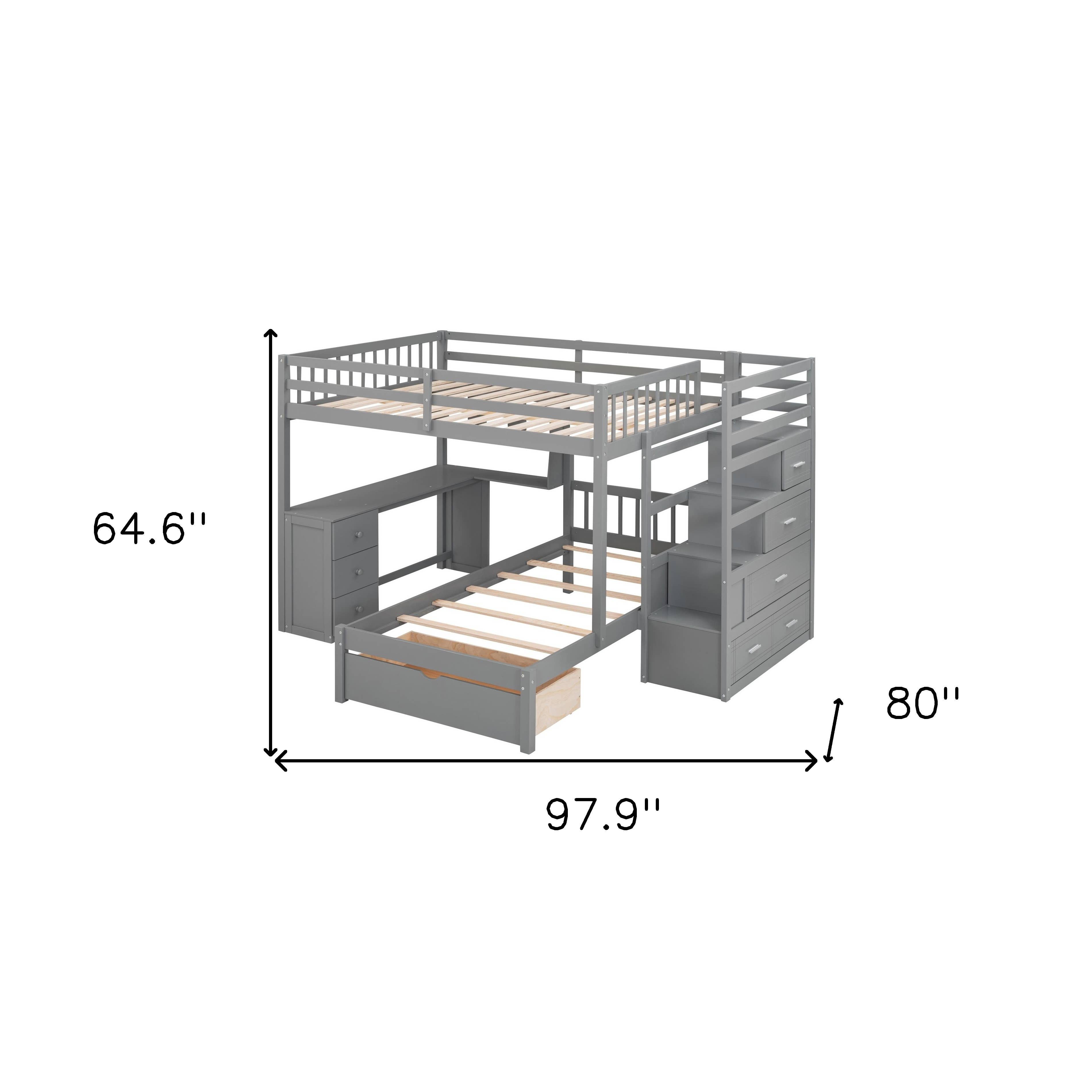 HomeRoots - Wholesale Bed - Gray Full Over Twin Wood Bunk Bed With Stairs Desk Drawers And Storage2
