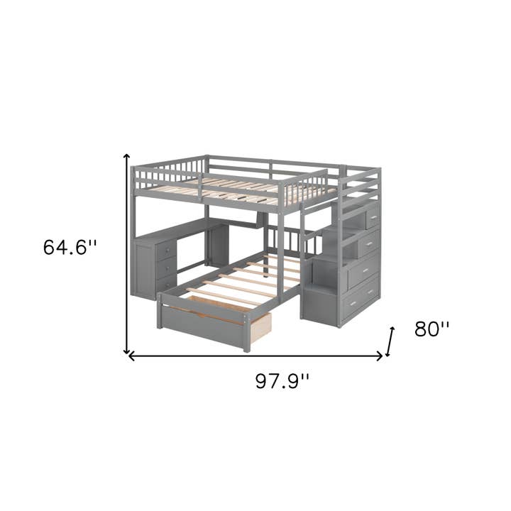 HomeRoots - Wholesale Bed - Gray Full Over Twin Wood Bunk Bed With Stairs Desk Drawers And Storage2