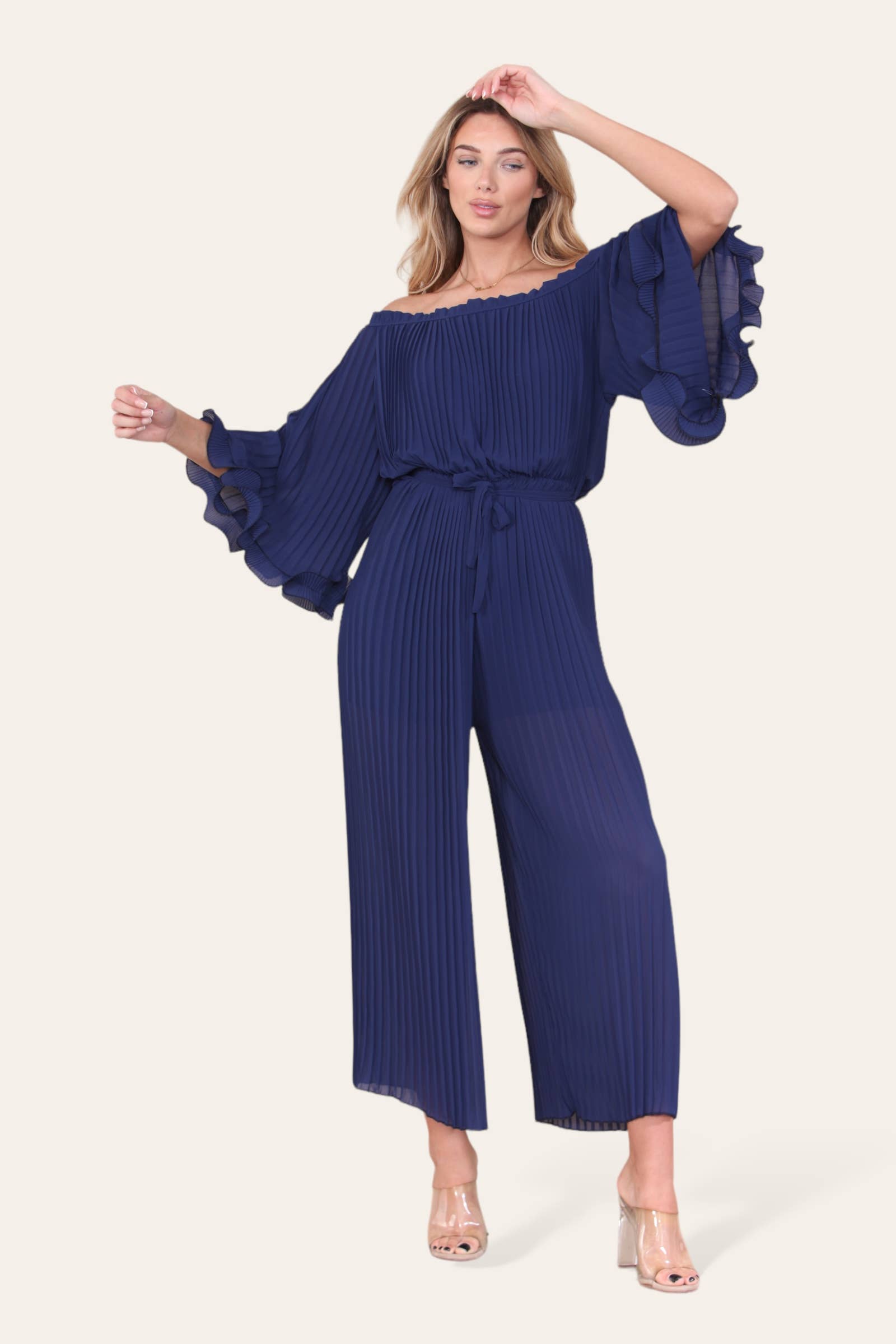 WHITE Sofia Bardot Pleated Frill Jumpsuit for wholesale on Faire31