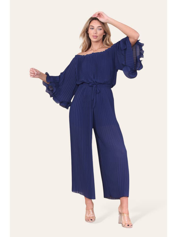 WHITE Sofia Bardot Pleated Frill Jumpsuit for wholesale on Faire31