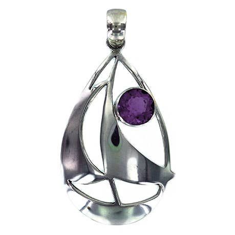 (658DAM) Amethyst Silver Sail Boat Pendant for wholesale by Vera Wolf