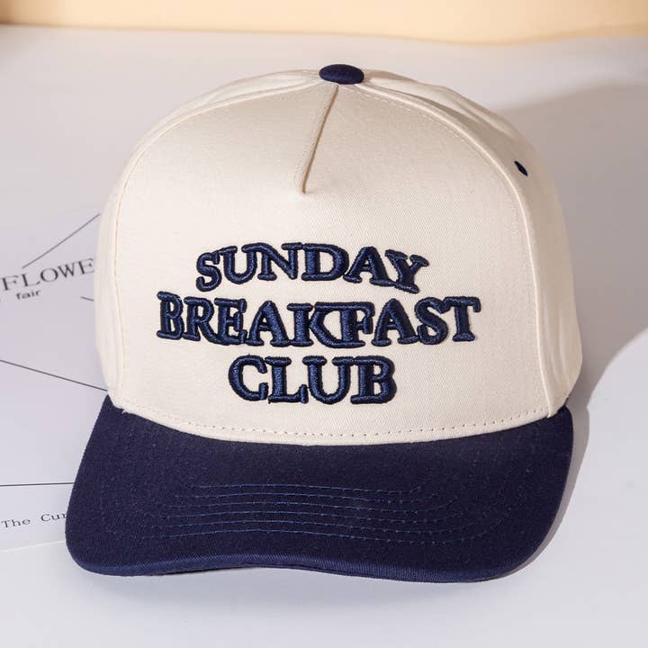 SUNDAY BREAKFAST CLUB Message Embroidered Five Panel Canvas Snapback Baseball Cap for wholesale by Sensibling Corp.