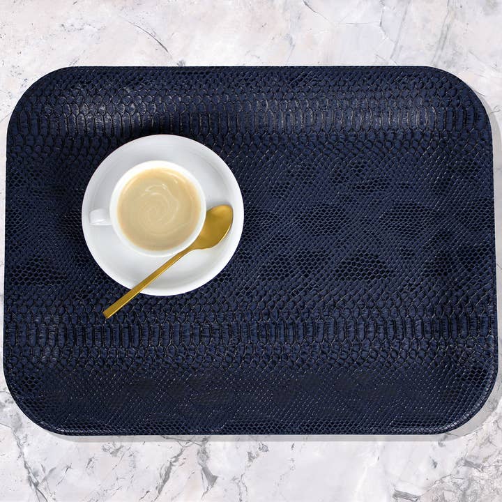 Signature Home Collection GmbH - Wholesale Serving Tray - Large flat faux leather reptile dark blue serving tray0