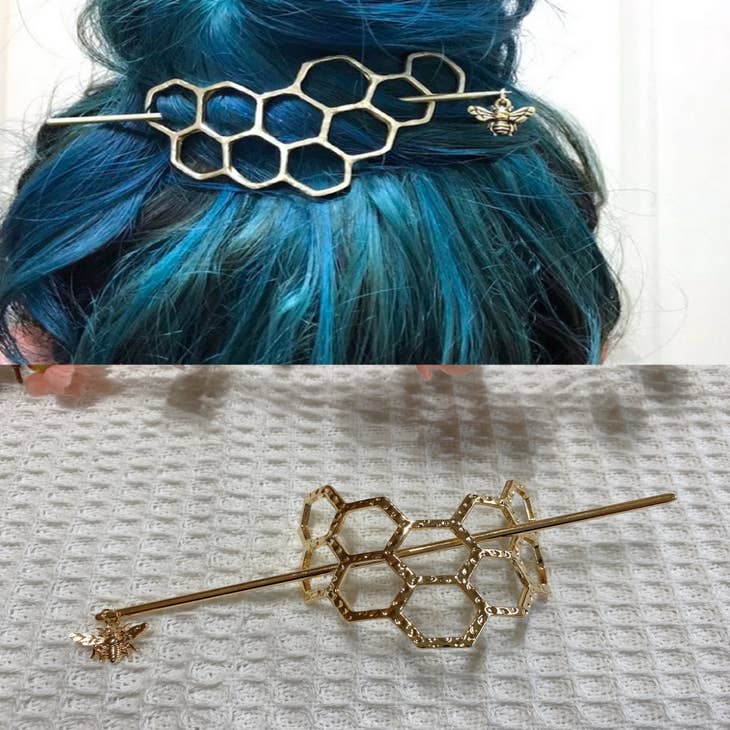 Large Brass Honeycomb Handmade Hair Bun Slide Pin with Dangling Bee Hair  Twist Bun Pin