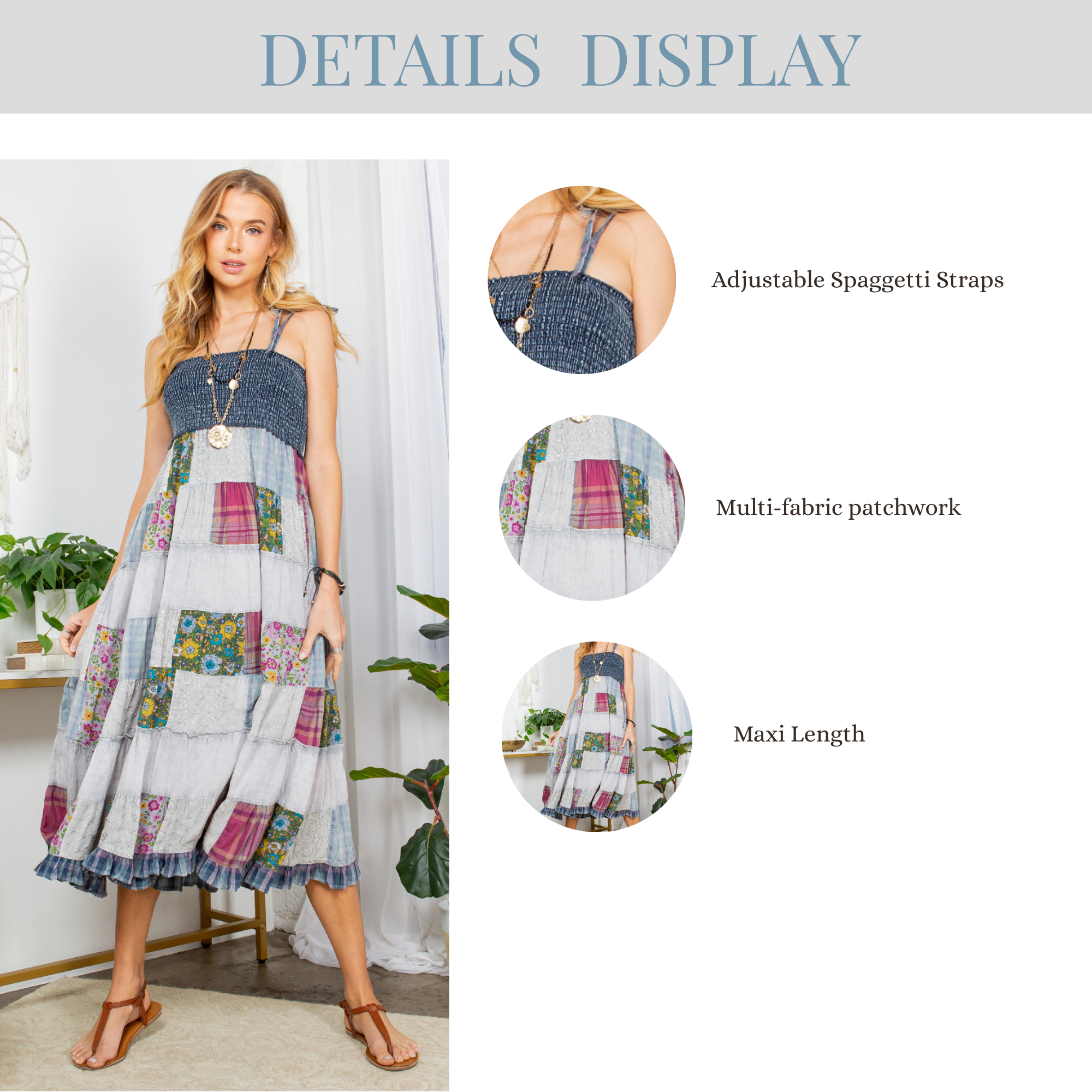 Young Threads - Vendita all'ingrosso Vestito - Donna - Prendisole affumicato patchwork Essential Boho estivo in denim blu11