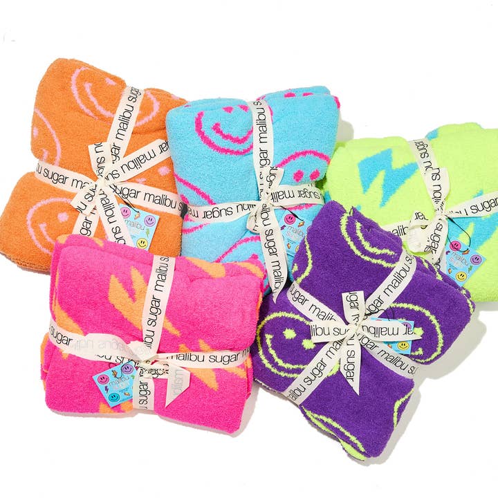 Malibu Sugar - Wholesale Throw Blanket - Smiley Face & Lightning Plush Throw Blankets - 5 styles!