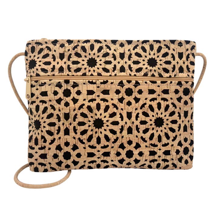 Cuerpo Cruzado con Cremallera Superior de Corcho + Bolsillo con Cremallera | Mandala Negro Troquelado para venta al por mayor de Natalie Therese