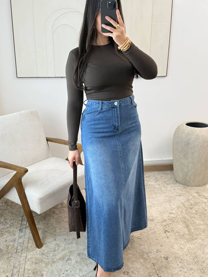 LANG NEDERDEL I DENIM CELIA B272-1 for engroshandel hos White Icy