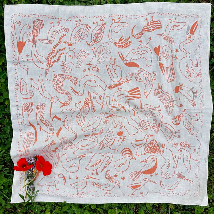 ELIZABETH GRAEBER art + illustration - Wholesale Bandana - Women's - Bird Bandana in coral, screen printed cotton scarf