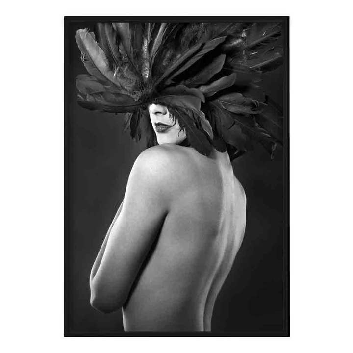 Impresión fotográfica de máscara de plumas de mujer en blanco y negro para venta al por mayor de Artze Wall Art