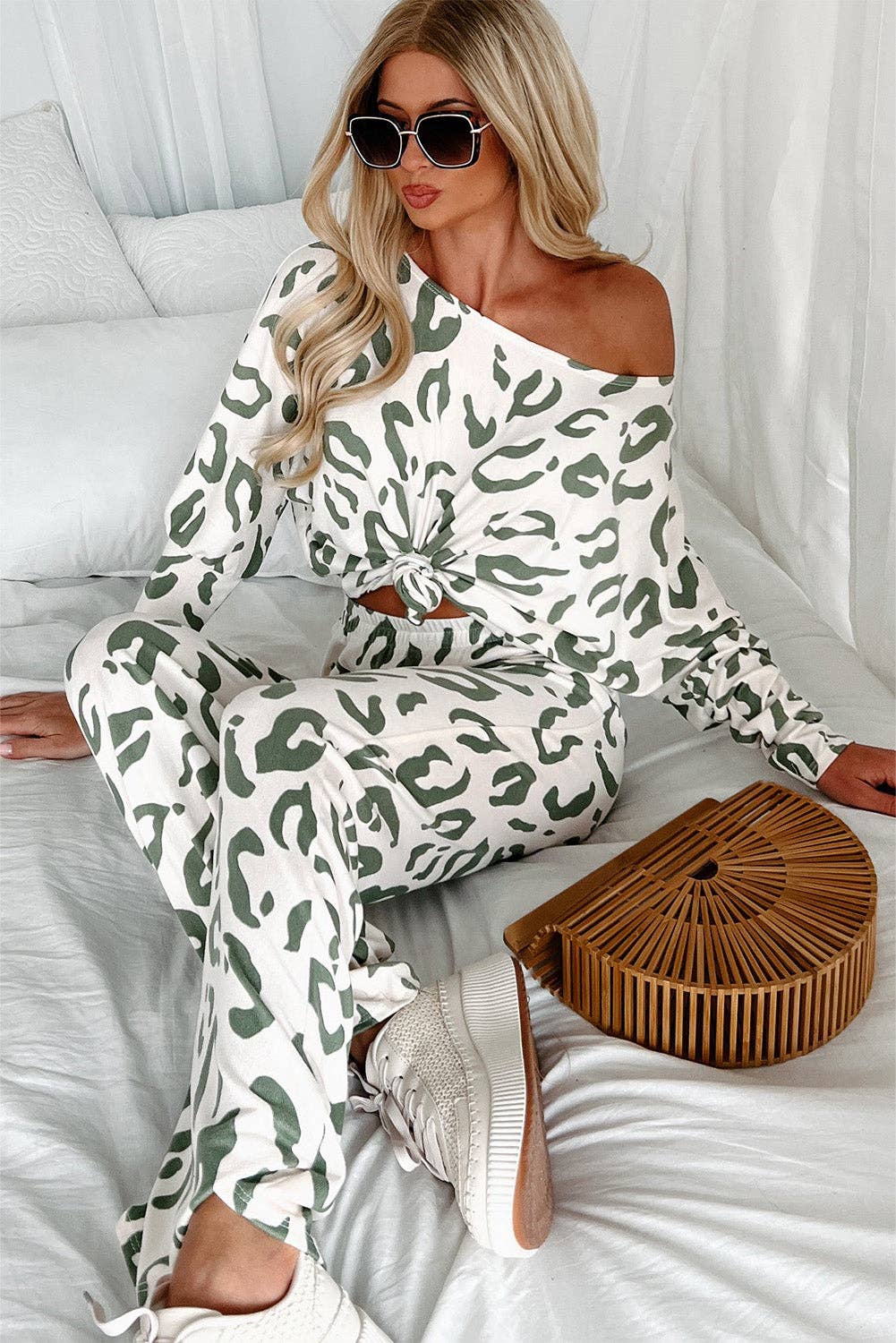 Beige Leopard Animal Print Long Sleeve and Pants Loungewear Set for wholesale on Faire3