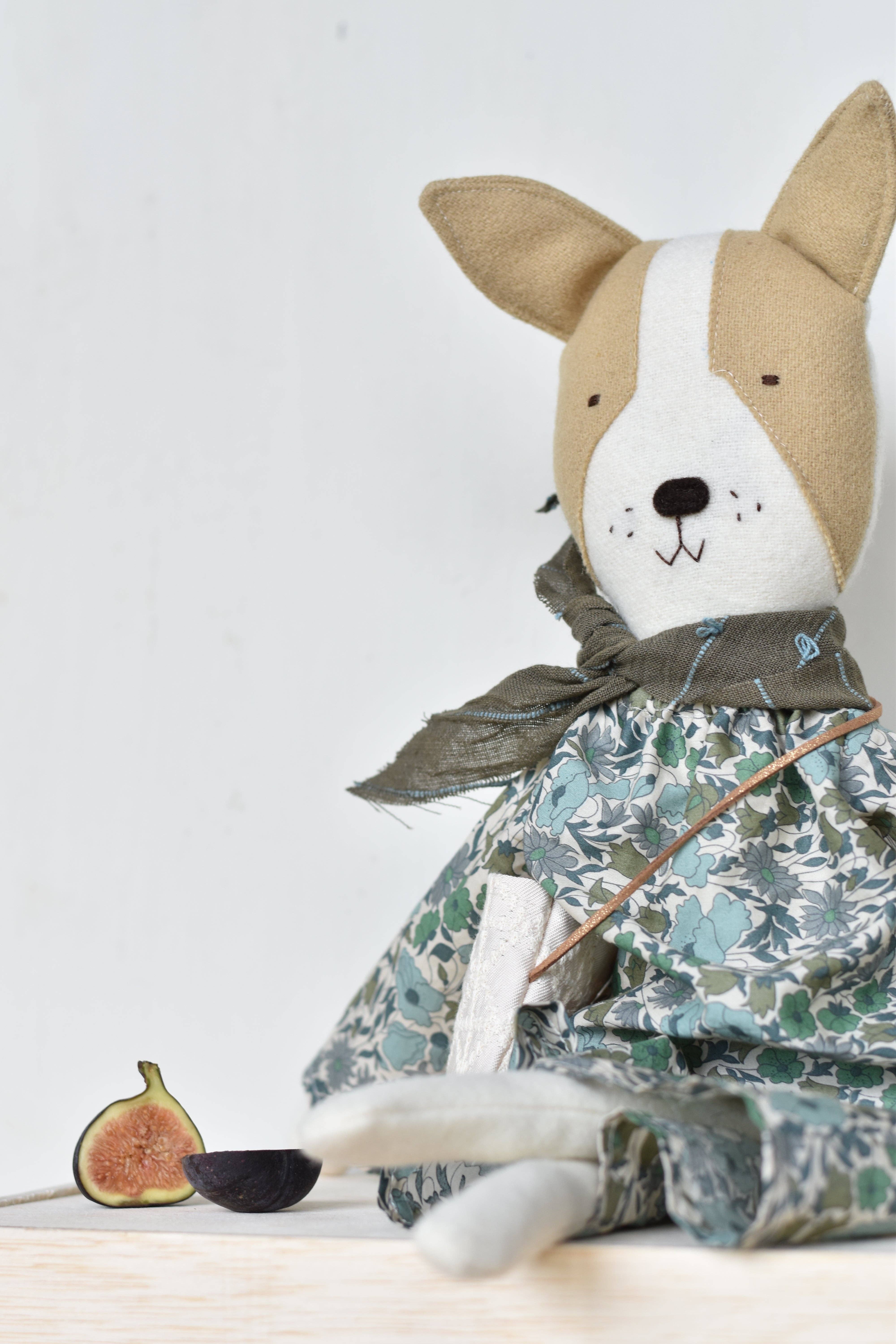 Woolgrass Farm - Wholesale Doll - Kids - Fig the Frenchie Dog - Liberty Floral Day Dress- Handmade Heirloom Doll1