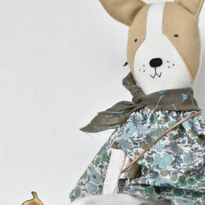 Woolgrass Farm - Wholesale Doll - Kids - Fig the Frenchie Dog - Liberty Floral Day Dress- Handmade Heirloom Doll1