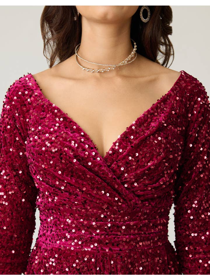 Unique Vintage - Wholesale Dress - Women's - Unique Vintage Burgundy Velvet Sequin Marceline Swing Dress3